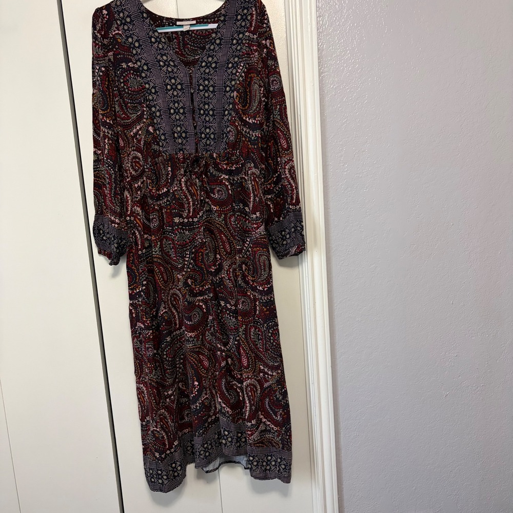 Knox Rose Women XL Burgundy Paisley Boho Button Front Rayon Midi Dress